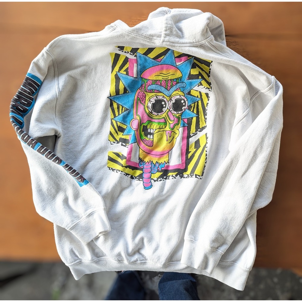 Rick and Morty Adult Swim White Hoodie Wubba Lubba Dub Dub Graphic Mens Large